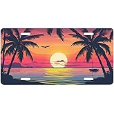 Sunset with Palm Trees and Beach Scene License Plate, Decorative Car Front License Plate, Aluminum Novelty License Plates Vanity Tag Metal Car Plate for Women Men 6 X 12 Inch