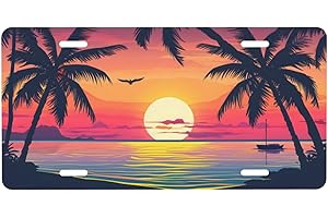 CFPOLAR Sunset with Palm Trees and Beach Scene License Plate, Decorative Car Front License Plate, Aluminum Novelty License Plates Vanity Tag Metal Car Plate for Women Men 6 X 12 Inch
