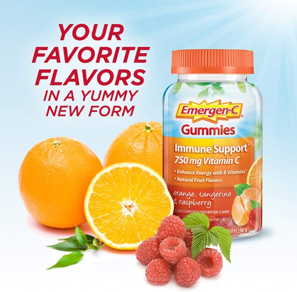 Emergen-C 750mg Vitamin C Gummies for Adults, Immunity Gummies with B Vitamins, Gluten Free, Orange, Tangerine and Raspberry Flavors - 45 Count: Health & Personal Care