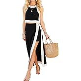 Hooever Women's Color Block 2 Piece Set Sleeveless Crop Top and High Waist Split Maxi Skirt Dress Casual Summer Outfit