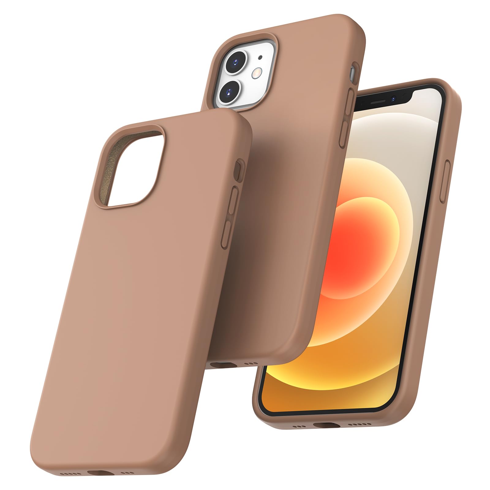 TOCOL Silicone for iPhone 12 Case 6.1-Inch, Liquid Silicone Multi-Color Slim Silky-Soft Touch Anti-Scratch Shockproof Protective Phone Cover, Light Brown