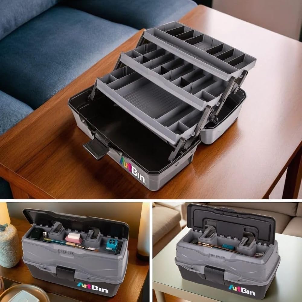 ArtBin 3-Tray Art Supply Box Versatile Organizer for Brushes, Paints, Stamps, and More - Durable Hard Plastic, Secure Closure, Portable with Top Trays and Dividers