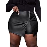 MakeMeChic Women's Plus Size Faux Leather Shorts Zipper Front Split PU Leather Skorts