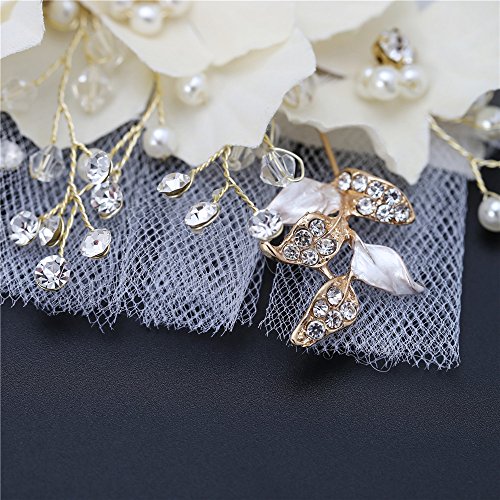 Bridal Headpiece, FANGZHIDI Wedding Hair Accessories, Floral Leaf Vine Pearl Rhinestone Jewelry Crown with 2 Ribbons, Best Gift for Girl-friend Women, Suit for Performance,Party, Photograph (Gold) - Thumbnail 6