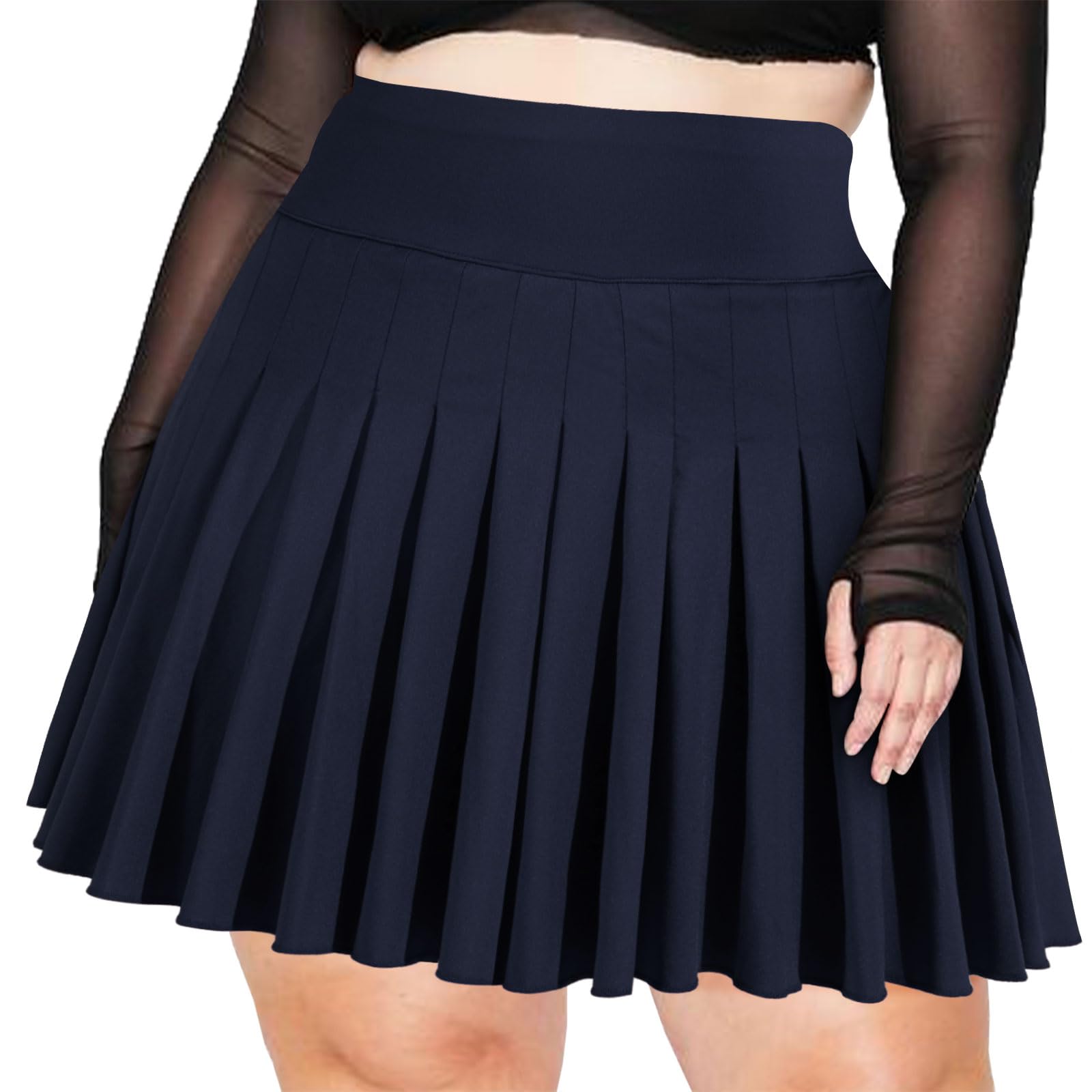 Moon Wood Women's Plus Size Pleated Tennis Skirt- Girls High Waist Athletic Golf Skirts with Shorts Navy Image