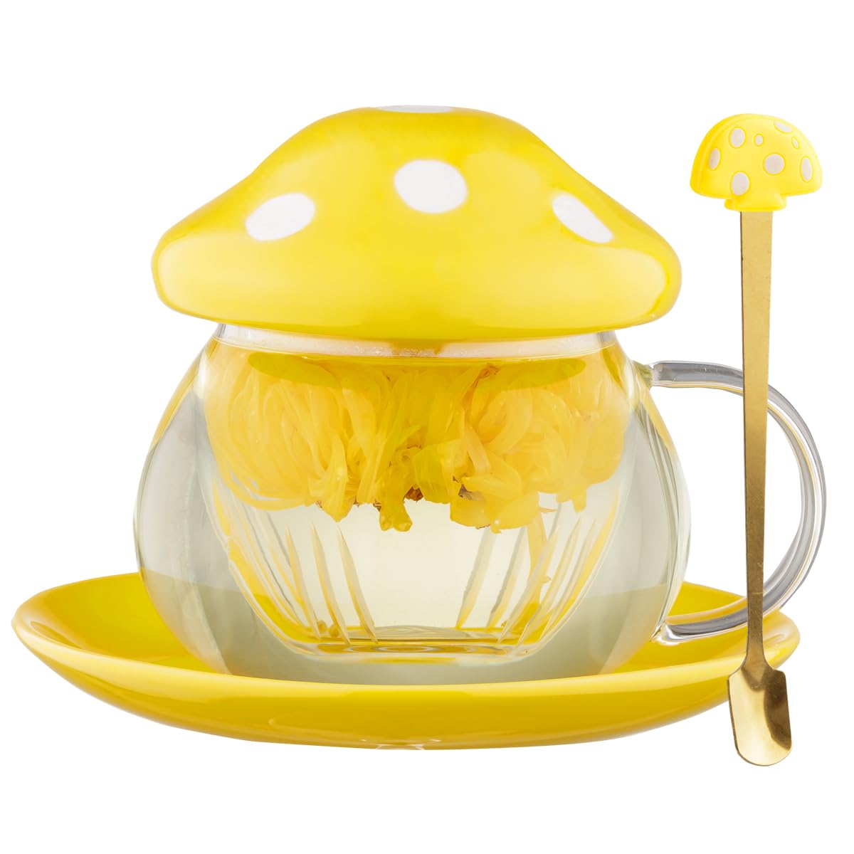 Mushroom Tea Cup Set, Cute Glass Tea Cups and Saucers, Kawaii Tea Cup with Infuser for Loose Leaf Tea Steeper, Coffee Mug Christmas Gifts for Women,Tea Infuser Mug with Lid for Mother Girls (Yellow) — image 1