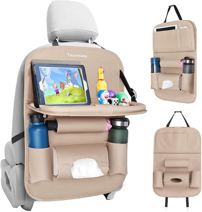Tsumbay Car Organiser, 8 Pockets Car Seat Organiser w/Tray Table, Car Seat Back Organizer w