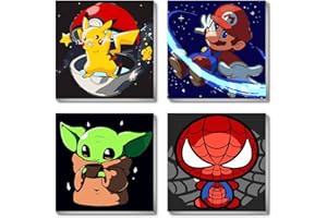 CLENDO 4 Pack Paint by Numbers for Kids Ages 8-12 with Frame, Cartoon Paint by Number Kits on Canvas for Adults Beginners, Easy Acrylic Watercolor Paint by Numbers for Wall Decor Present(8 * 8in)