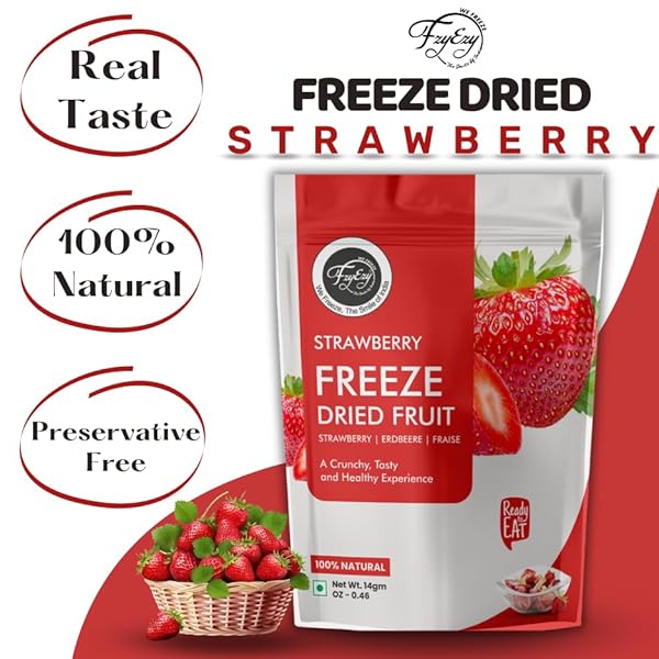 FZYEZY NATURAL FREEZE STRAWBERRY FOR KIDS AND ADULTS| CAMPING VEGAN HEALTHY & SURVIVAL FOOD|TRAVEL FRIENDLY READY TO EAT FRUIT SLICES| PANTRY GROCERIES DEHYDRATED SNACKS | 90 GM (STRAWBERRY, 90 GM)