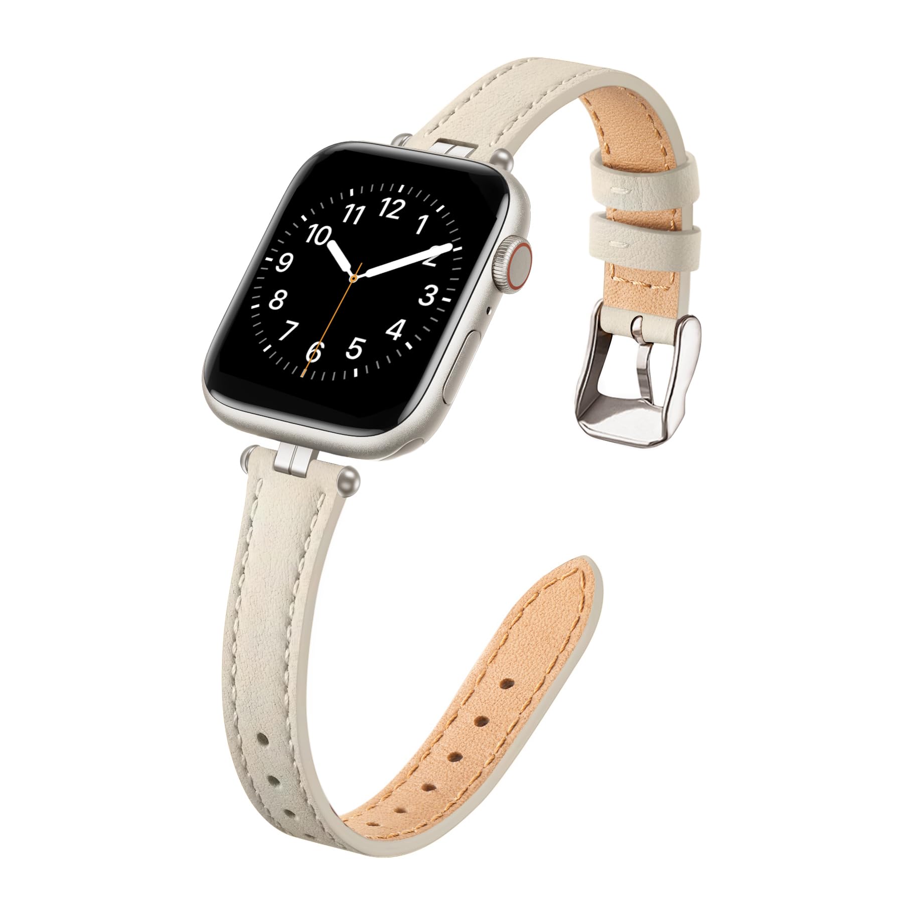 Photo 1 of STIROLL Thin Leather Band Compatible with Apple Watch Bands 41mm 40mm 38mm 42mm(Series 11 10) Women, Stylish Top-Grain Leather Strap Slim Wristband for iWatch SE3/2/1 Series 9 8 7 6 5 4 3 2 1, Ivory White/Starlight