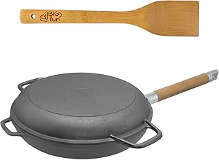 26cm Bratpfanne aus Gusseisen mit abnehmbaren Holzgriff + Deckel-Bratpfanne + Pfannenwender aus Bambus von 4big.fun *** Induktion Pfanne *** Alle Herdarten *** 21cm Bodendurchmesser