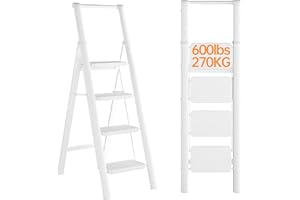 JOISCOPE 4 Step Ladder, Foldable Step Stools for Adults with Wide Anti-Slip Pedal, 600lbs Lightweight Sturdy Steel Ladder,Convenient Handgrip,Portable Folding Ladder for Home Kitchen Office,White