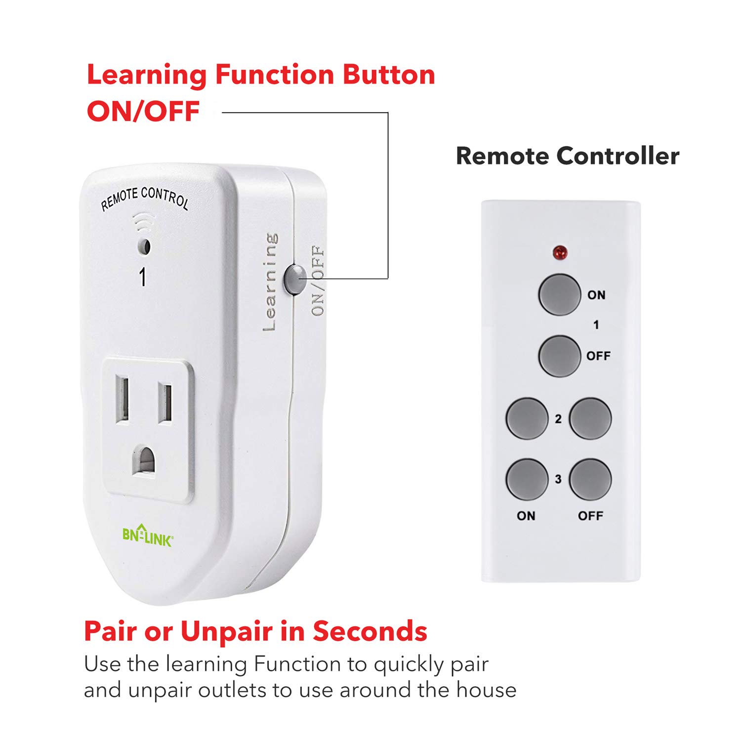 BN-LINK Wireless Remote Control Electrical Outlet Switch for Lights, Fans, Christmas Lights, Small Appliance, Long Range White (Learning Code, 3Rx-1Tx) 1200W/10A: Industrial & Scientific