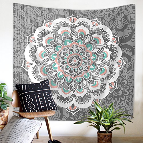 Blue Lotus Mandala Tapestry Wall Hanging Large Grey, Psychedelic Flower Bohemian Hippie Tapestries Wall Decor, 60x80