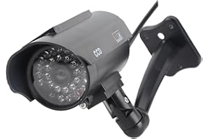 Solar Powered Dummy Security Camera, Waterproof Fake Surveillance Camera with LED Flashing Light for Indoor Outdoor Use, Blac