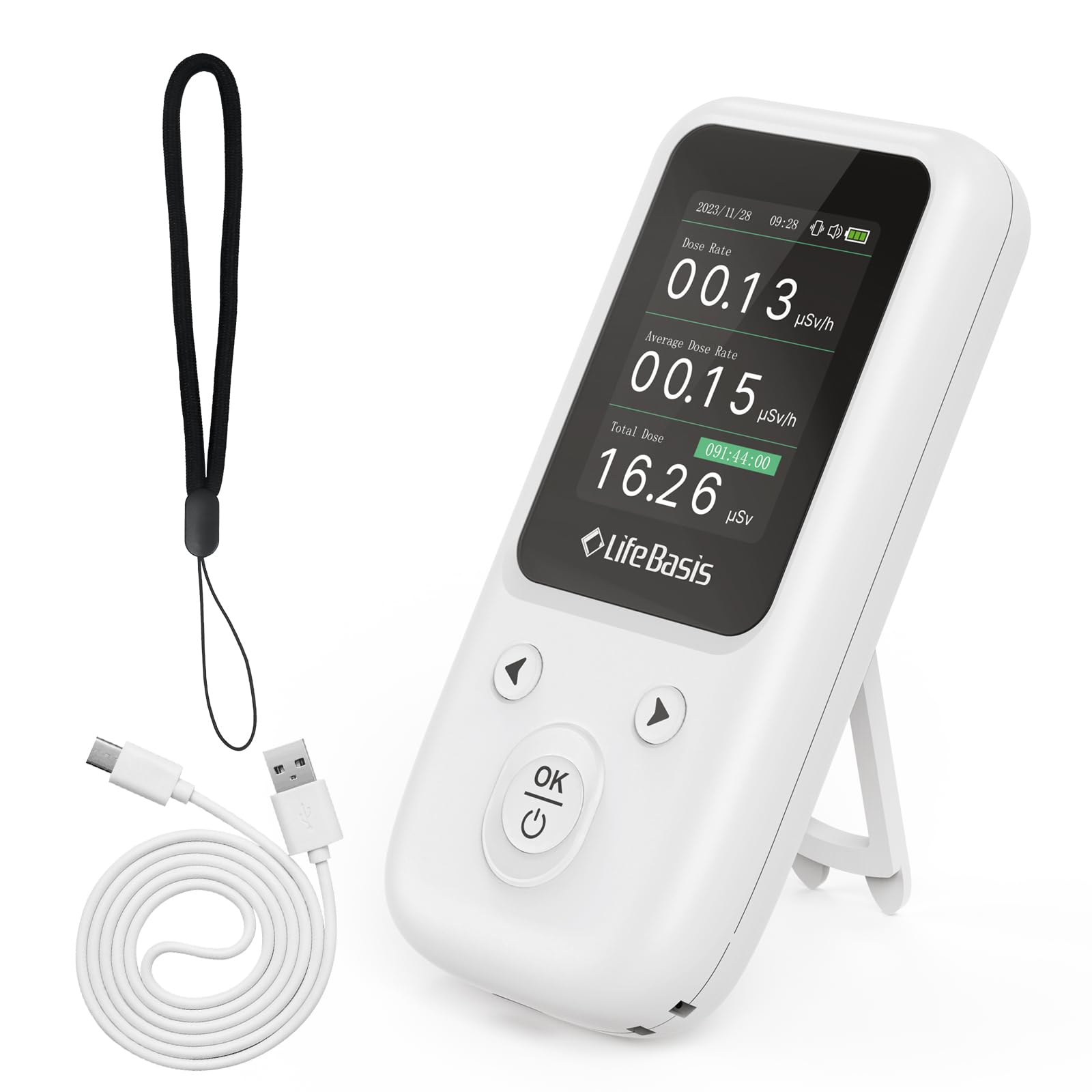 Photo 1 of LifeBasis Geiger Counter Nuclear Radiation Detector, Radiation Dosimeter with TFT Display and Smart Alert Rechargeable Beta Gamma X-ray Radiation Monitor (with Lanyard and Bracket) - White