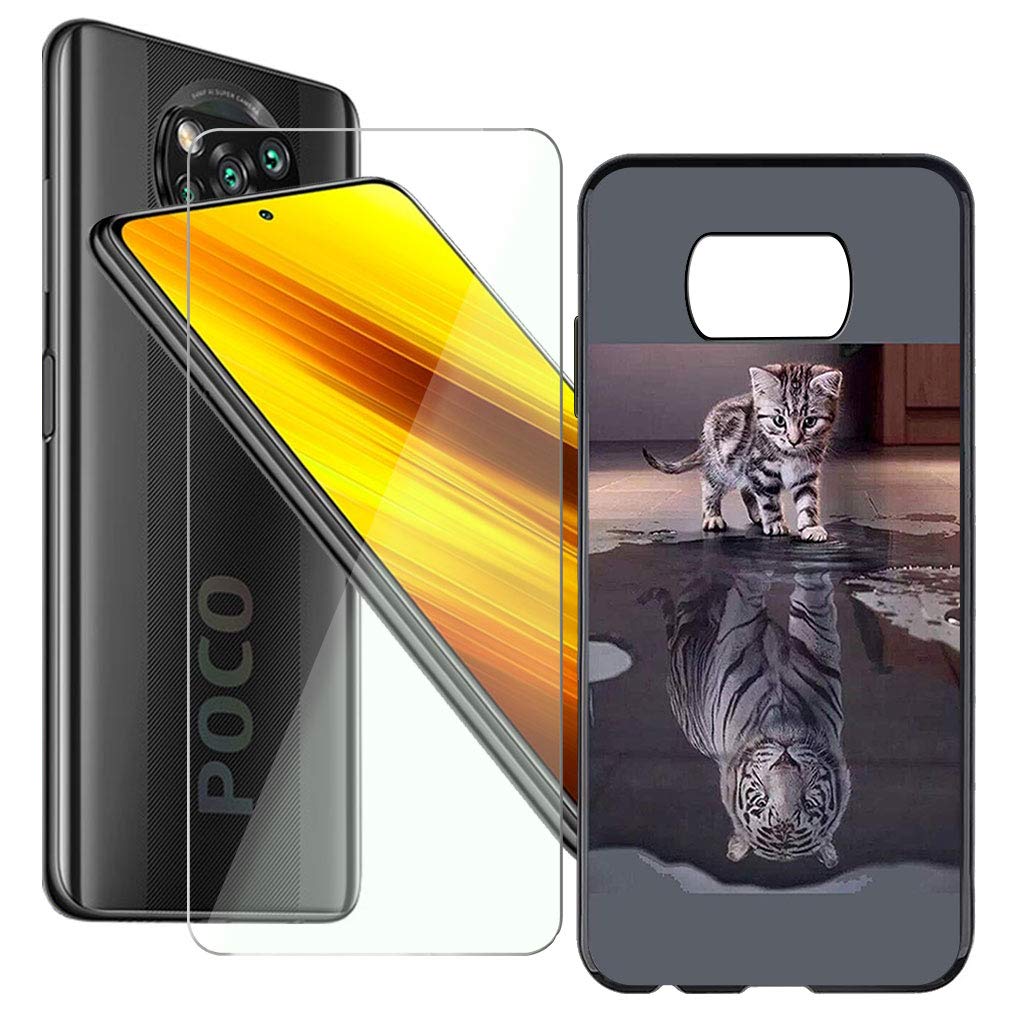 KJYF Protective Case Black Bumper Cover TPU + Tempered Glass Screen Protector for Xiaomi Poco X3 NFC (6.67 Inches), Film Tempered Glass Film + Silicone Shell Case Mobile Phone Case - Cat and Tiger