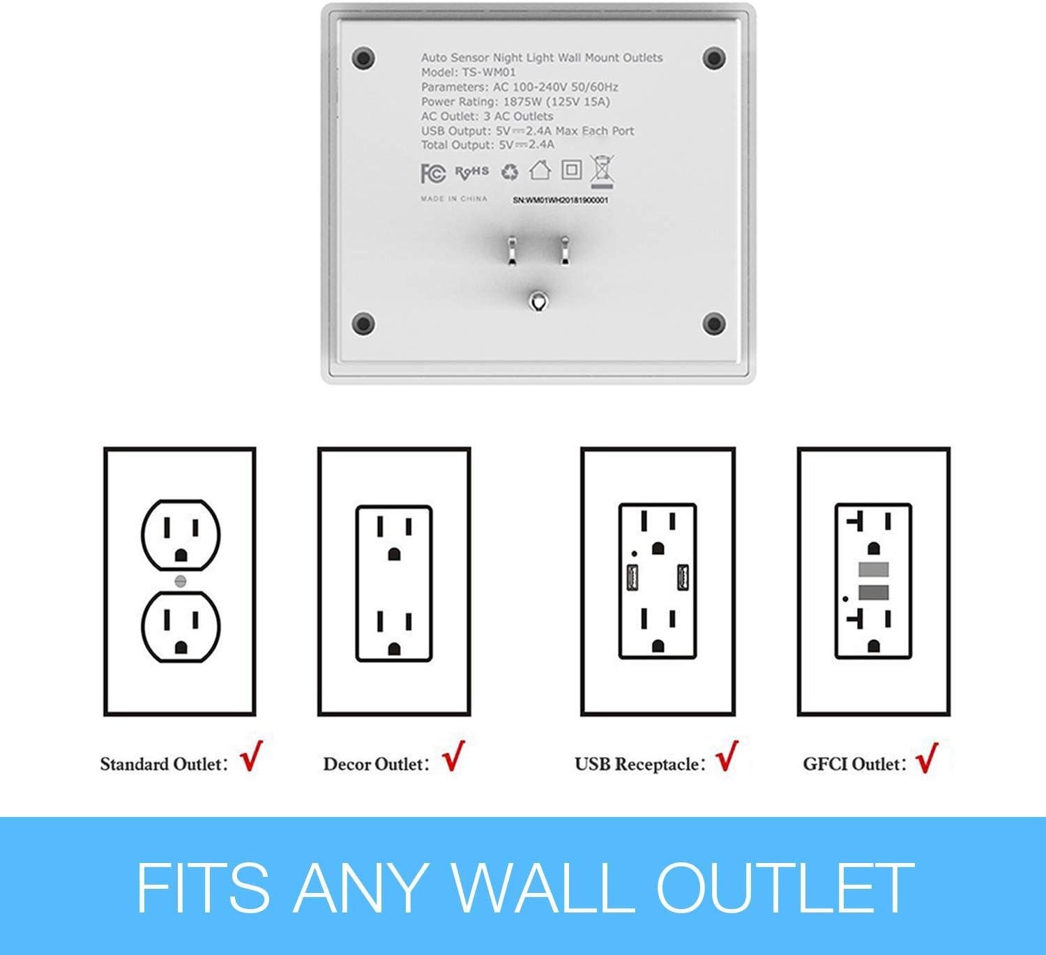 Multi Plug Outlet Extender with USB Wall Charger and Night Light, 3 Electrical Outlet Splitter 2 USB Phone Charger Wall Plug for Cruise Essentials, Multiple Power Outlet Expander with Charging Station - - 