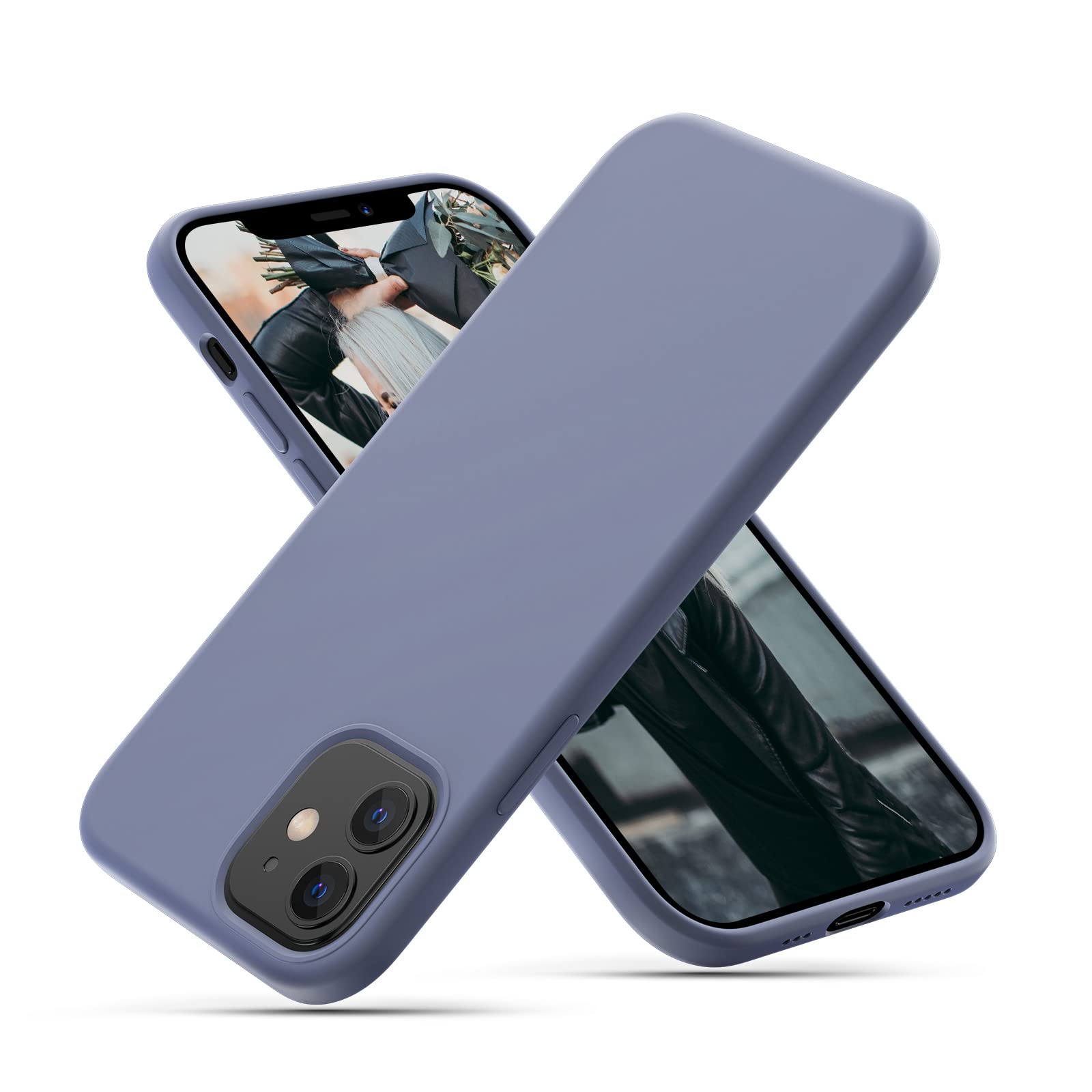 CALOOP Slim-Fit for iPhone 12/12 Pro Case,Skin Soft Liquid Silicone,Sturdy Hard Frame Shockproof Cover with Anti-Scratch Microfiber Lining,Full Protection for Screen and Lens,6.1 inch,Lavander Gray — image 1