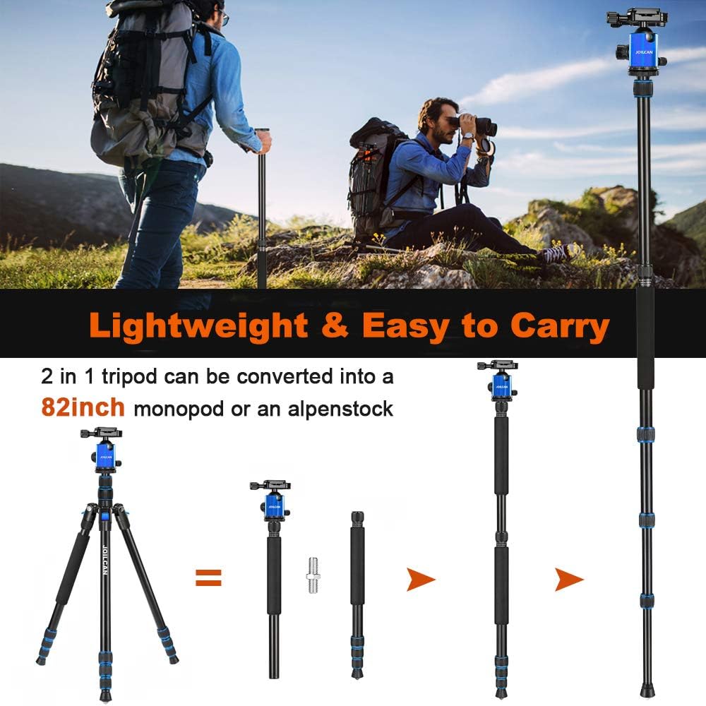 Joilcan 80-inch Tripod for Camera, Aluminum Tripod for DSLR, Monopod, Lightweight Tripod with 360 Degree Ball Head Stable for Travel and Work 18.5"-80", 19lb Load (Blue) : Camera & Photo