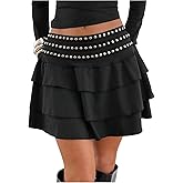 BEAUDRM Women's Rivet Studded Mini Skirt Y2k Layered Ruffle Low Rise A Line Flowy Short Skirts