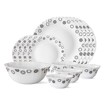 Larah by Borosil Universe Opalware Dinner Set, 13-Pieces, White
