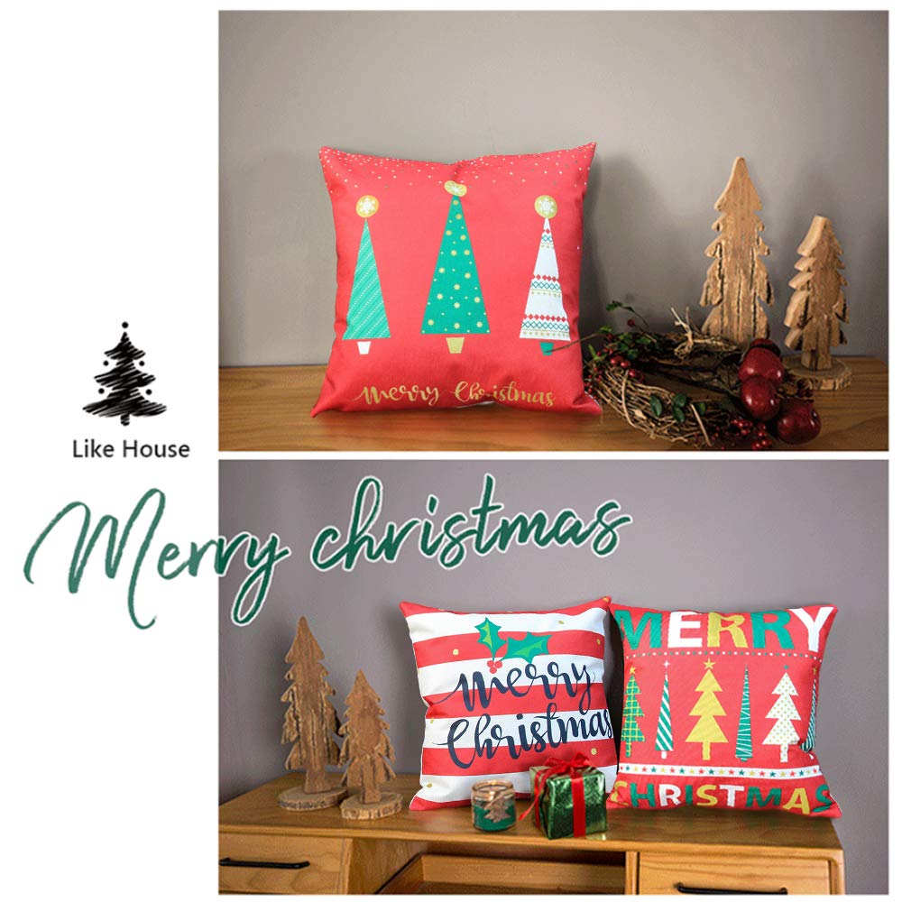 LoveHome Decor Merry Christmas Series Throw Pillow Covers,Winter Holiday Merry Christmas and Christmas Tree Farmhouse Decorations Cotton Linen Pillow Covers Set of 4,18 X 18 inch