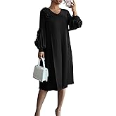 ASANDY Womens Pleated Midi Dress Casual Loose Long Sleeve High Knit Empire Waist Stretch V Neck Pleat Dress