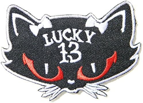 3.5" x 2.75" 13 Lucky Number Sexy Black Cat Kitty Kitten Logo Lady Biker Rider Hippie Punk Rock Heavy Metal Iron on Patch Sew Iron on Embroidered