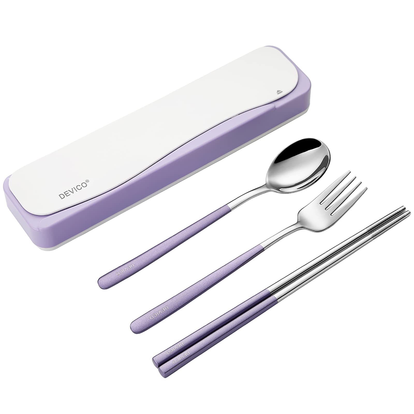 DEVICO Travel Cutlery Set, Camping Cutlery Set for 1, Portable 18/8 Stainless Steel Camping Utensils Include Fork Spoon Chopsticks (Purple)