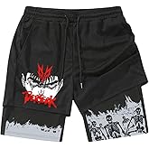 GORGLITTER Men's 2 in 1 Anime Graphic Gym Shorts Quick Dry Drawstring Mesh Athletic Running Shorts with Liner