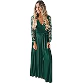 Kranda Womens Vintage Floral Lace Long Sleeve Faux Wrap V Neck Party Long Maxi Dress