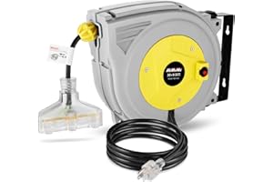Himimi 30FT+9.5FT Extension Cord Reel, 16 Gauge Retractable Extension Cord Reel, Garage Workshop Ceiling/Wall Mounted Power Cord Reel + 3 Triple Tap Outlets, 10A Circuit Breaker, UL Listed