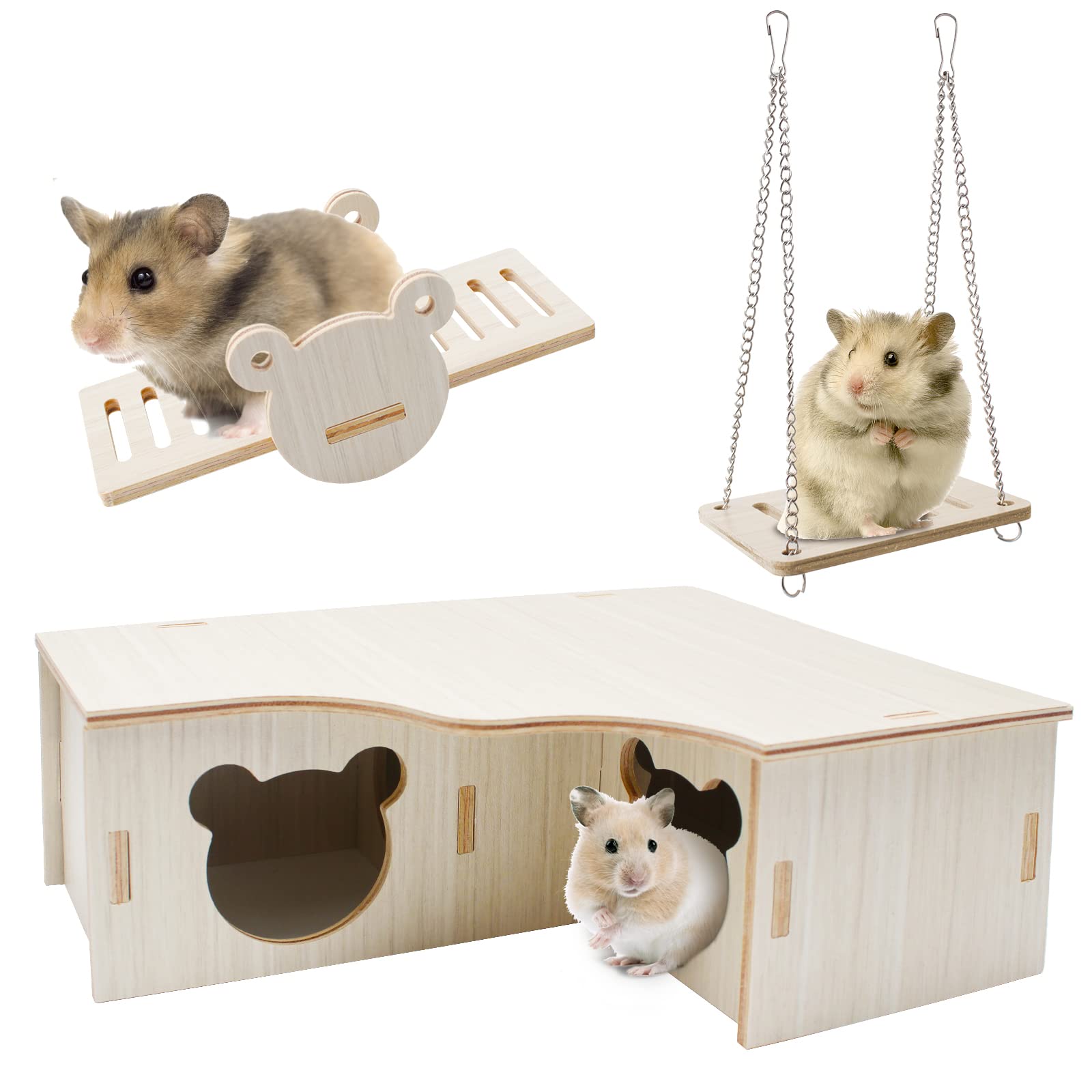 Baiyuanli Wooden Hamster Toy Set 3Pcs DIY House with Seesaw and Swing Boredom Breaker Activity Toys Small Animal Exercise Cage Accessories for Bunnies Pet