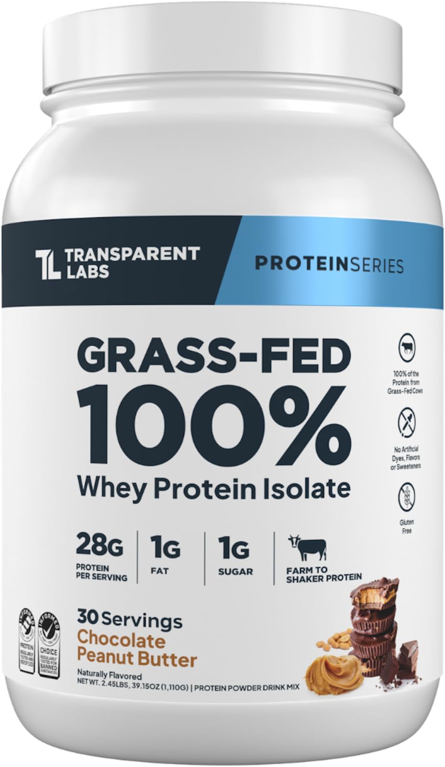 Transparent Labs Grass-Fed Whey Protein Isolate - Naturally Flavored, Gluten Free Whey Protein Powder with 28g of Protein per Serving & 9 Amino Acids - 30 Servings, Chocolate Peanut Butter