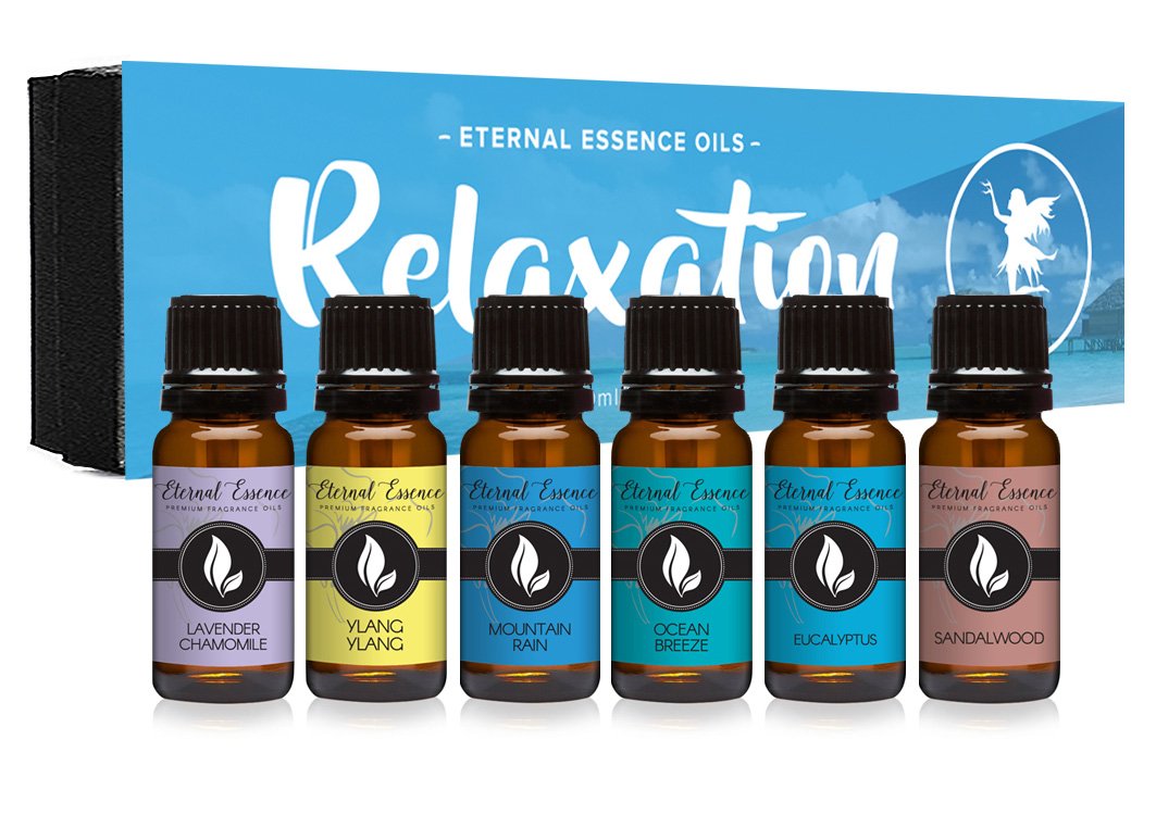 Relaxation Gift Set of 6 Premium Grade Fragrance Oils - Lavender Chamomile, Ylang Ylang, Mountain Rain, Ocean Breeze, Eucalyptus, Sandalwood - 10Ml - Scented Oils