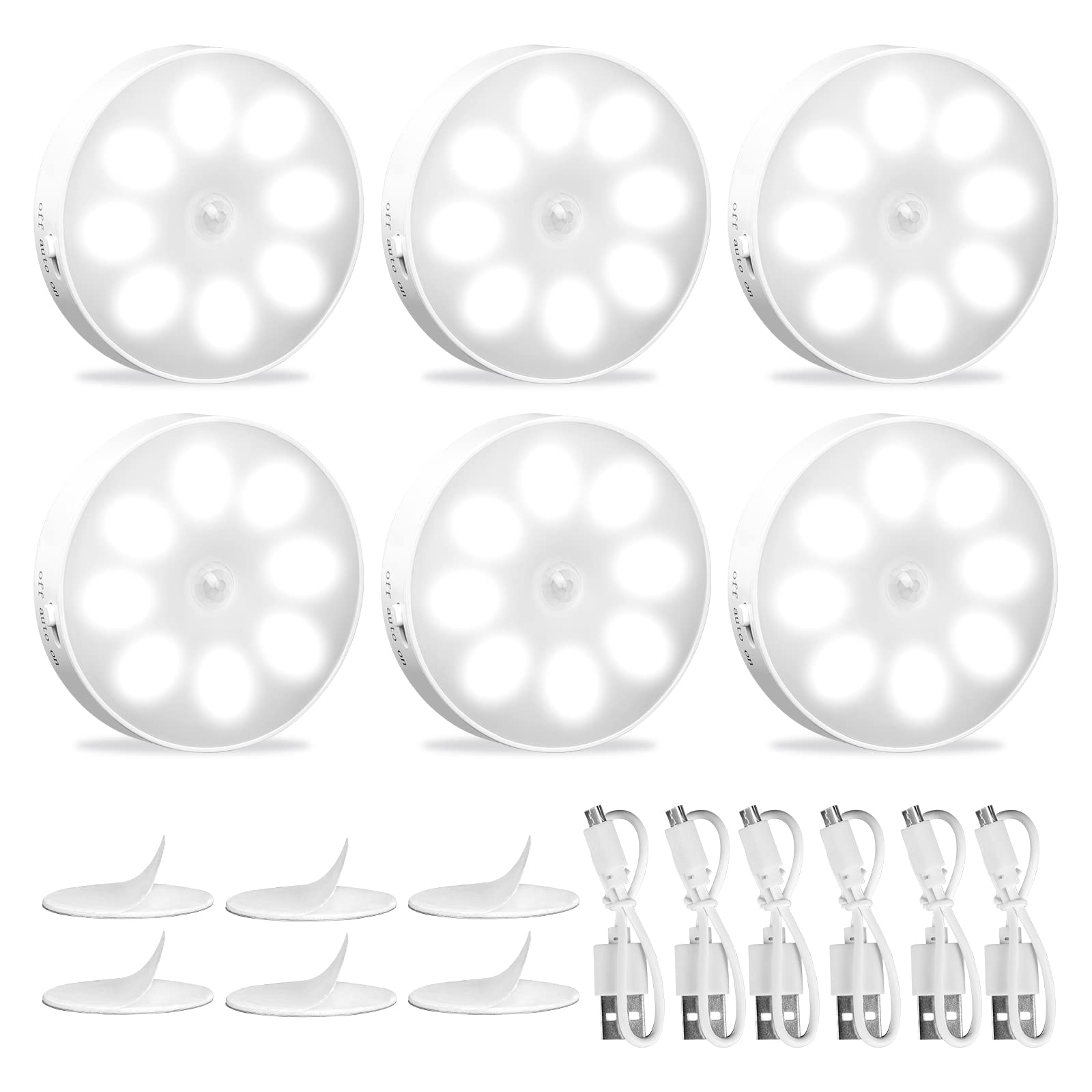 KEWUZY Motion Sensor Lights Indoor, 6 Pack LED Night Light, Night Light Stick on Wall, 3 Modes Auto/On/Off, USB Rechargeable, for Cabinet, Stairs, Hallway, Garage, Closet