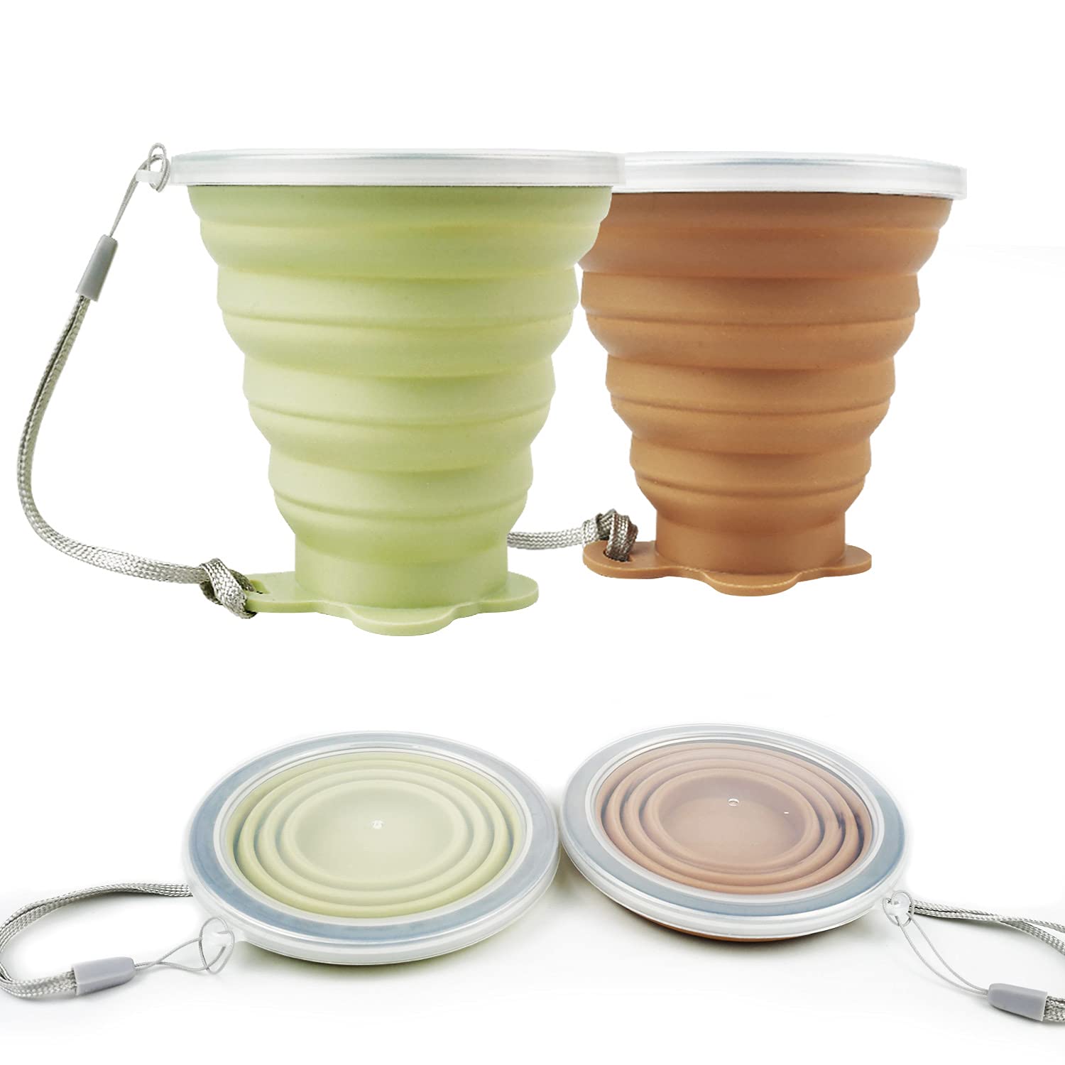 ddLUCK Silicone Foldable Cup, 2 Pack BPA Free Collapsible Travel Mugs, Folding Reusable Portable Silicone Cups Set with Plastic Sealing Lid for Picnic, Camping, Outdoor Hiking Travel (Brown & Yellow)