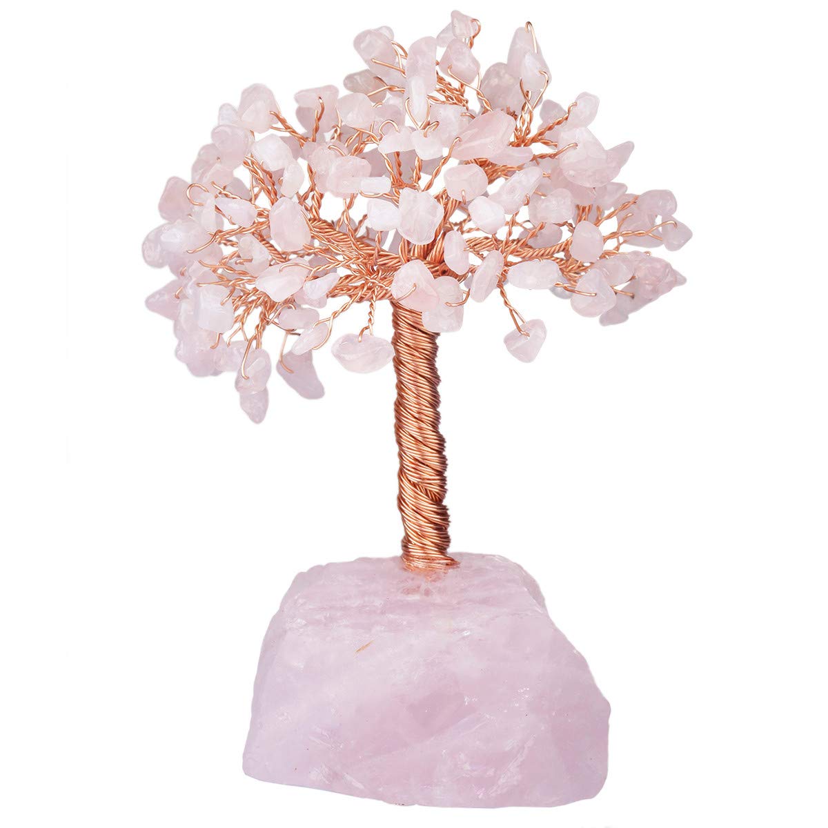 mookaitedecor 15 cm Rose Quartz Natural Crystal Tree with Polished Rose Quartz Base, Copper Wire Wrapped Fengshui Tree Figure Ornament for Office Home Decoration, Symbol of Wealth and Happiness