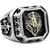 MayiaHey Lion Ring, Norse Viking Lion Head Ring for Men, Stainless Steel Gothic Lion Cross Biker Ring Punk Tiger Ring, Retro Rock Animal Jewelry for Men