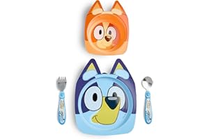 The First Years Bluey Kids Dinnerware Set - Includes Bluey Suction Plate, Bingo Suction Bowl, and Stainless Steel Toddler Silverware - Toddler and Baby Feeding Essentials - 4 Count