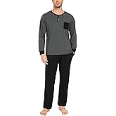 SWOMOG Mens Pajamas Set Long Sleeve Mens Sleepwear Pj Sets Henley Shirts and Pants Soft 2 Pcs Lounge Sets with Pockets