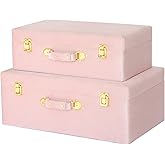 HofferRuffer Velvet Storage Trunks with Wood Frame, Set of 2 Storage Chests with Handles, Bedroom Organizer Nesting Upholstered Decorative Boxes Hinged Lid with Gold Hardware Accents (Pink Trunks)