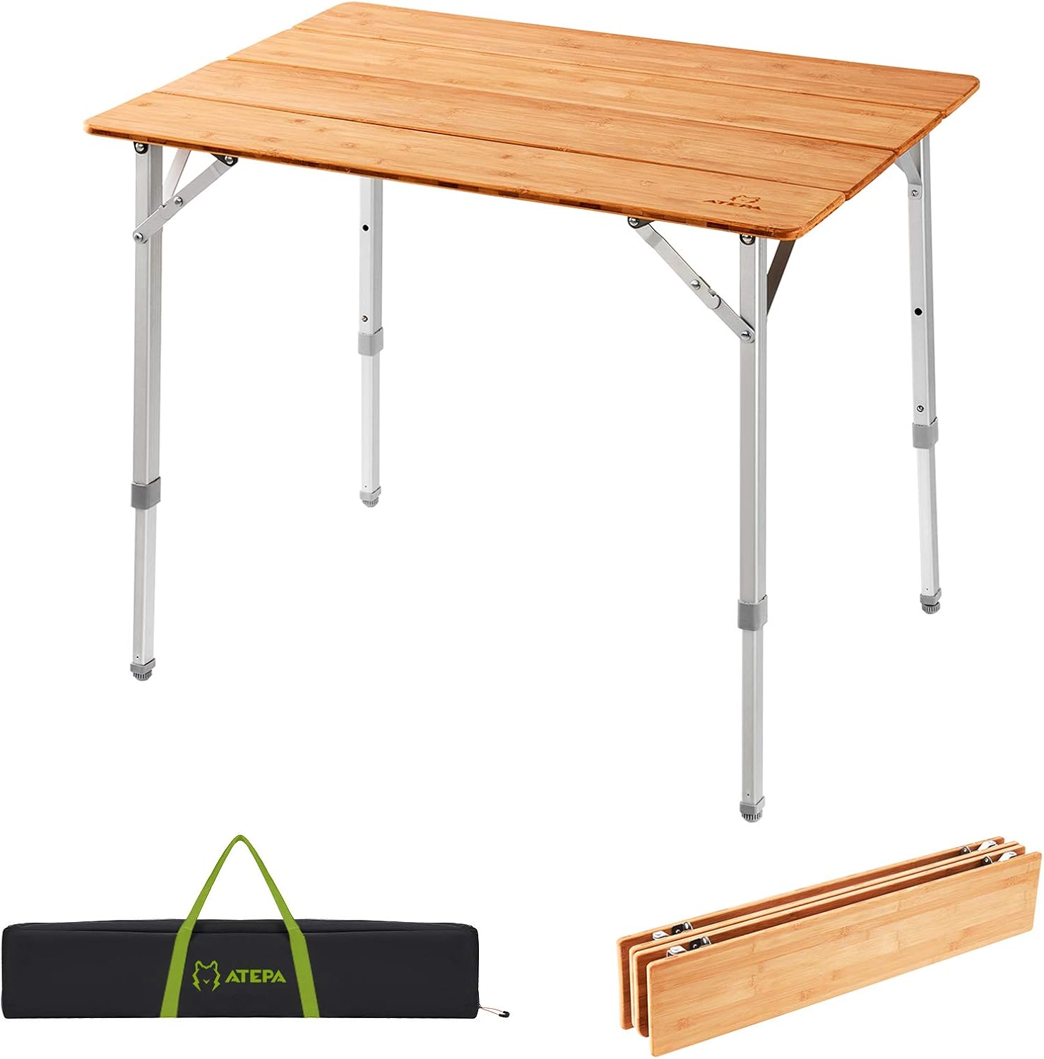 ATEPA 4-Fold Folding Bamboo Table Adjustable Height Aluminum Camping Table, Portable Lightweight Outdoor Picnic Table with Carrying Bag, 31.5"x23.6"x17.7"- 25.6", 13lbs: Kitchen & Dining