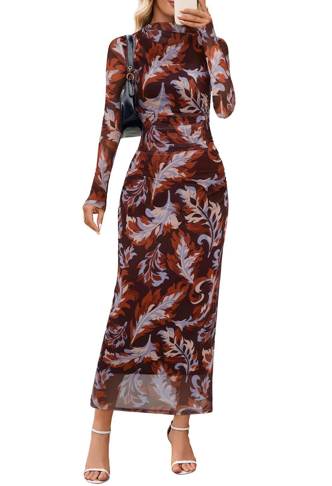 MEROKEETY Women's Spring Wedding Guest Dress 2026 Long Sleeve Bodycon Floral Mesh Fall Cocktail Holiday Party Maxi Dresses, BrownBlue, XXL Image