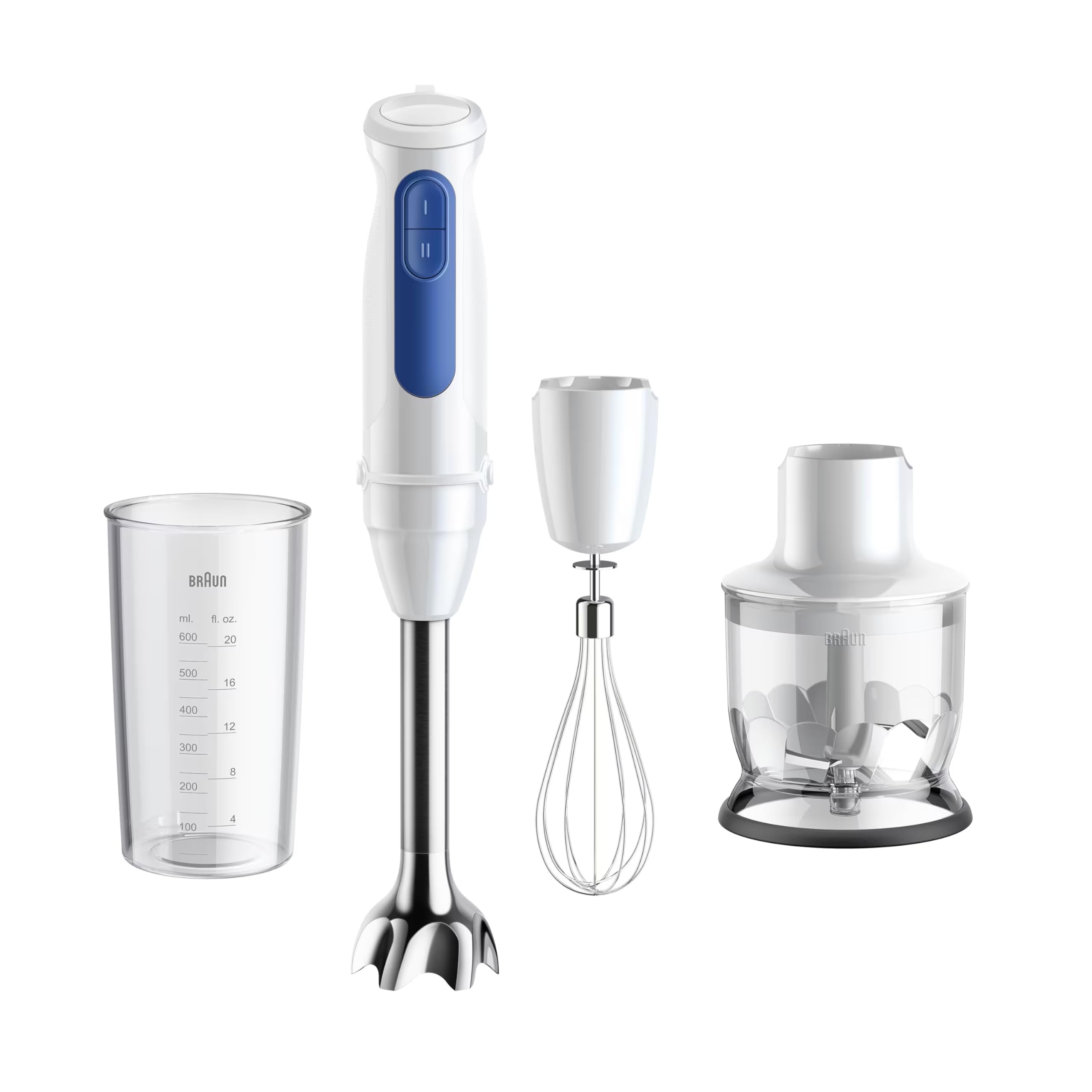 Braun MultiQuick 3 MQ30.202M Nuovo Modello Minipimer, Frullatore ad Immersione, 2 velocità, Tecnologia Tedesca, impugnatura ergonomica, Asta in acciaio, Bicchiere, Frusta e Tritatutto 350ml, Bianco