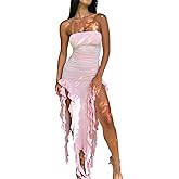 SENGRICH Sexy Dresses for Women Off The Shoulder Bodycon Ruffle Dress Split Thigh Tube Top Dress