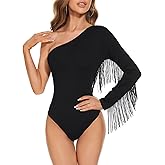 Komorebi Women's Fringe Trim One Shoulder Long Sleeve Bodysuit Top Cowgirl Outfits Disco Outfit Bodycon Leotard Fitted Top
