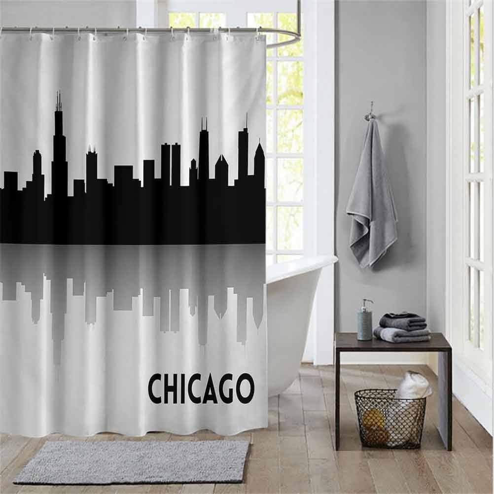Farmhouse Shower Curtain Chicago SkylineDowntown Skyscrapers Illinois Tourism Travel Country Urban Minimalist Machine Washable Bathroom Decor Curtains Black and White W72 x L78 Inch