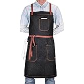 DingSay Trendy Professional Apron with Pockets, Mens Womens Chef Kitchen Bib Black Denim Apron for Cooking Grill BBQ Server, with Cross Back Straps and Towel Loop